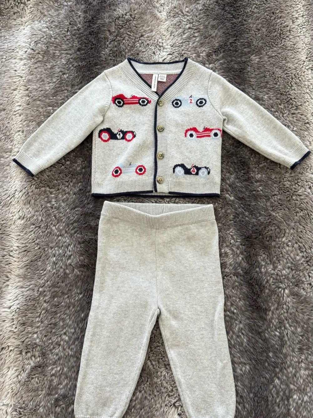 Janie and Jack Beige Knit Car Cardigan and Pants Set with Red and Black Accents